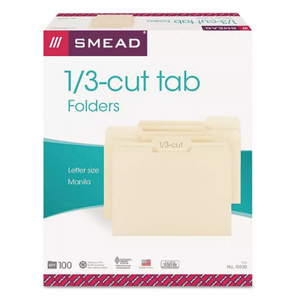 Smead 1/3 Cut Assorted Position Tab File Folders, Manila (Letter, 100ct.)