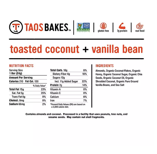 Taos Bakes Snack Bars, Toasted Coconut and Vanilla Bean (1.8 oz., 10 ct.)