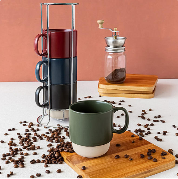 Over and Back 5-Piece Color-Glazed Stackable Mug Set with Rack