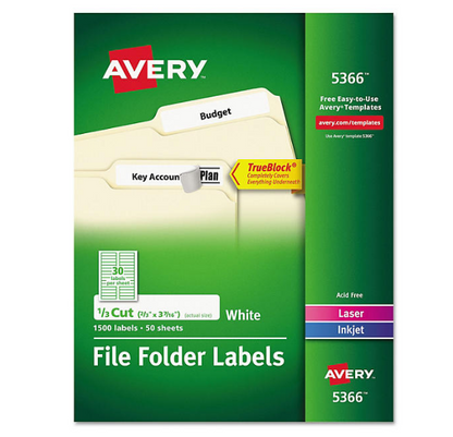 Avery Permanent TrueBlock File Folder Labels w/ Sure Feed Technology, White, 50 Sheets/Box