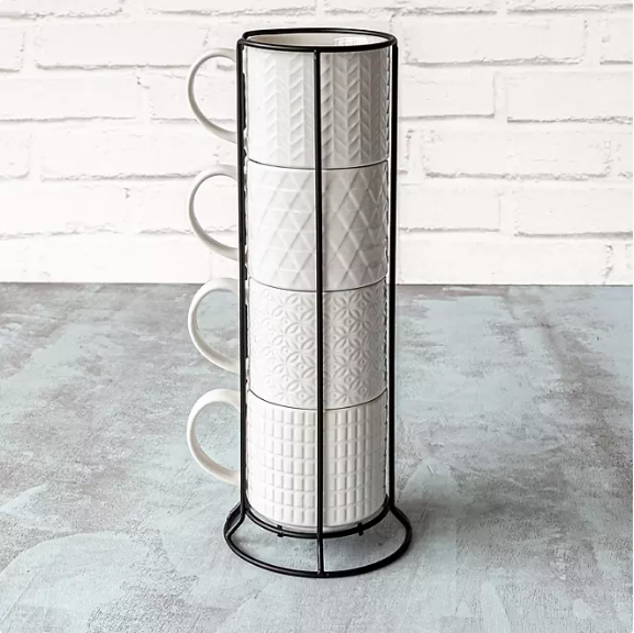 Over and Back 5-Piece Embossed Stackable Mug Set With Rack