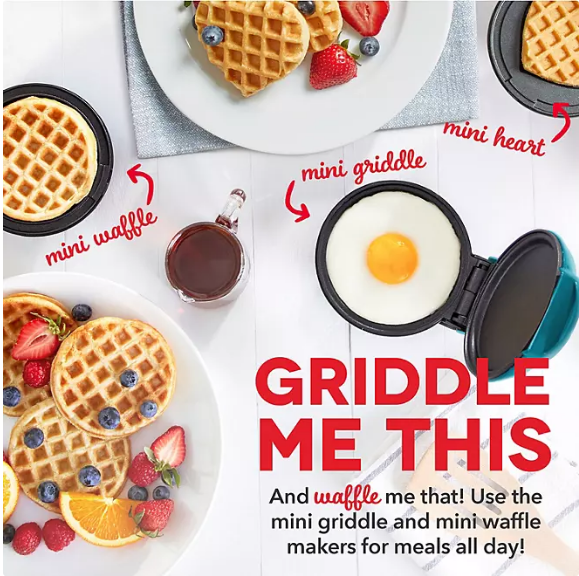 Dash Mini Maker 3-Pack Gift Set, Mini Waffle Maker + Mini Heart-Shaped Waffle Maker + Mini Maker Griddle