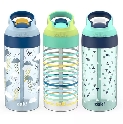 Zak Designs 17.5-oz. Tritan Water Bottle 3-Pack Set Reuseable Plastic with One-Touch Lid, Silicone Spout with Cover (Assorted Colors)