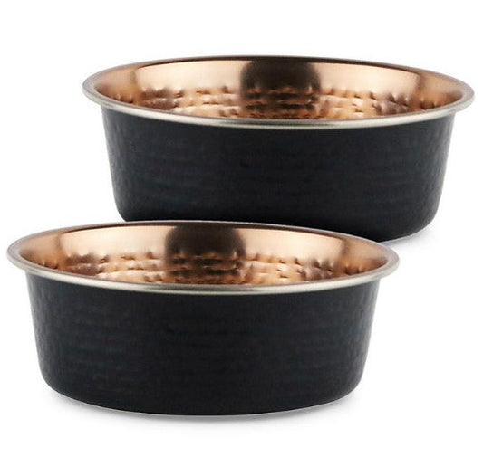 Matte Black & Hammered Copper Dog Bowl w/ Silicone Feet, 2 pk. (Choose Size)