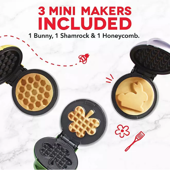 Dash Spring Mini Waffle Set of 3, Bunny, Shamrock and Honeycomb Web Waffle