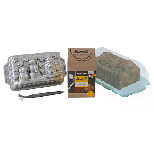 Nordic Ware Holiday Loaf Bundle: Winter Wonderland Loaf Pan, Loaf Keeper and Salted Caramel Quick Bread Mix