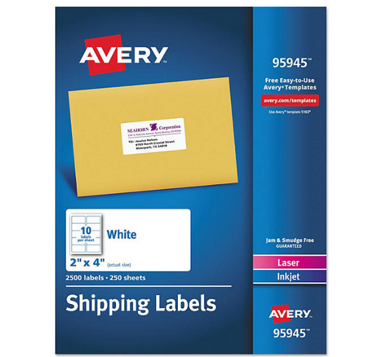 Avery White Shipping Labels-Bulk Packs, Inkjet/Laser Printers, 2 x 4, White, 10/Sheet, 250 Sheets/Box