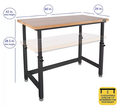 Seville Classics® UltraHD® Height Adjustable Workbench, 60" W x 24" D x 28.5-42"H