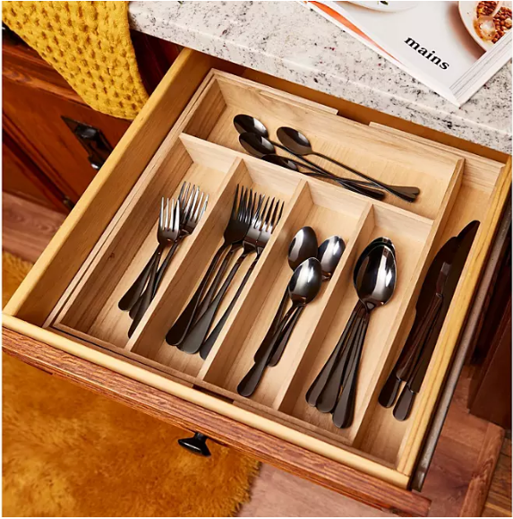 iDesign Renewable Paulownia Wood Collection Expandable Flatware And Cutlery Tray, 15" x 12" To 22"