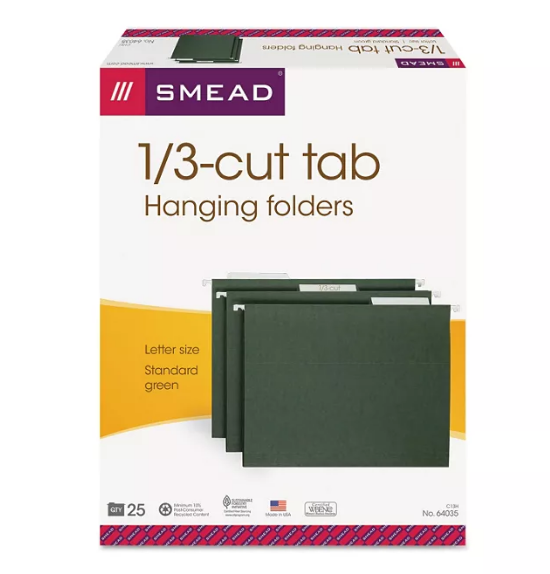 Smead 1/3 Cut Adjustable Positions Hanging File Folders, Green (Letter, 25ct.)