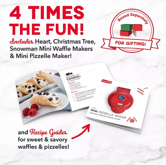 Dash Holiday Mini Waffle Makers Set of 4 (Heart, Snowman, Christmas Tree and Pizzelle)