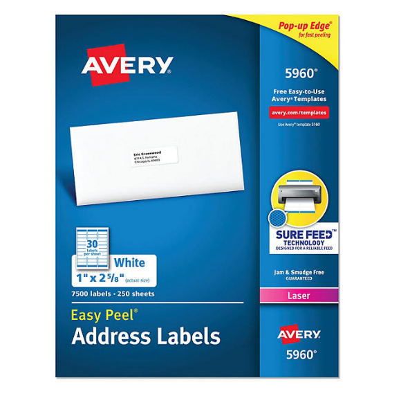 Avery Easy Peel Address Labels w/ Sure Feed Technology, Laser Printers, White, 250 Sheets/Pack