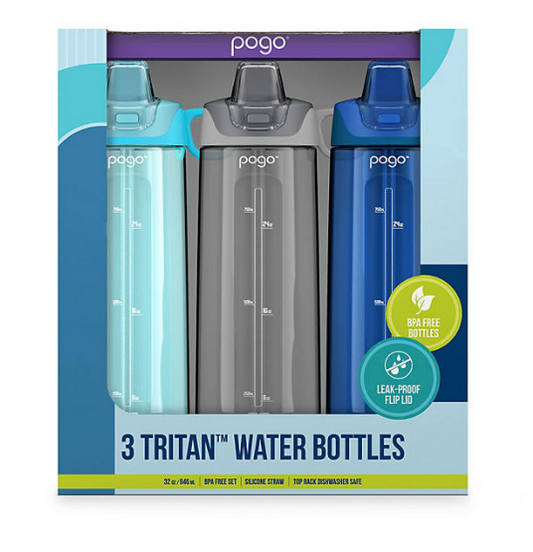 Pogo 32-oz Tritan Water Bottles, Assorted Colors (3 Pack)