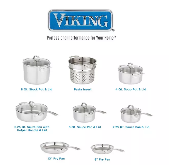 Viking 13-Piece Tri-Ply Stainless Steel Cookware Set with Glass Lids