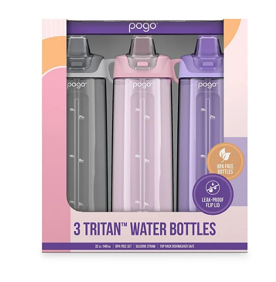 Pogo 32-oz Tritan Water Bottles, Assorted Colors (3 Pack)