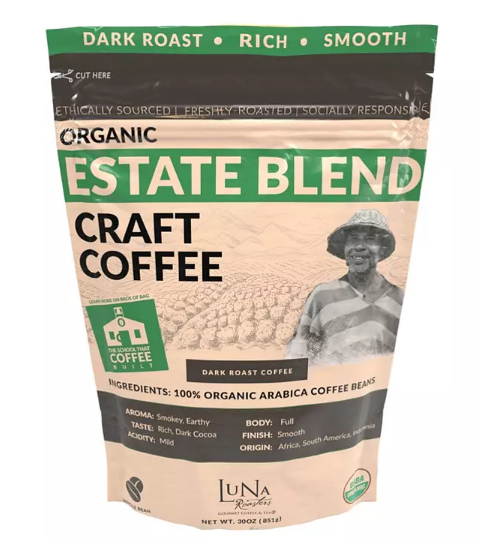 Luna Roasters Organic Estate Blend Craft Whole Bean Coffee, Dark Roast (30 oz.)