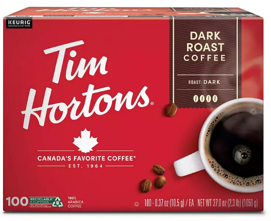 Tim Hortons Premium Dark Coffee, Dark Roast (100 ct.)