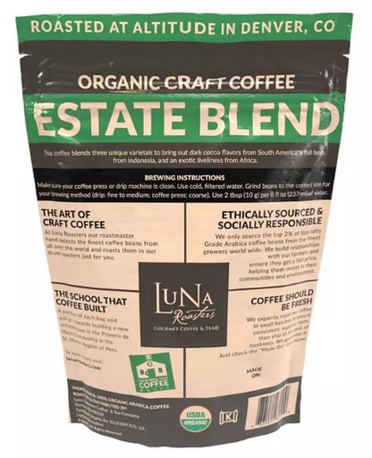 Luna Roasters Organic Estate Blend Craft Whole Bean Coffee, Dark Roast (30 oz.)