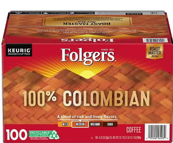 Folgers 100% Colombian Coffee K-Cups,Medium Roast (100 ct.)