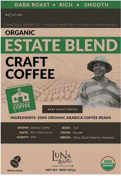 Luna Roasters Organic Estate Blend Craft Whole Bean Coffee, Dark Roast (30 oz.)