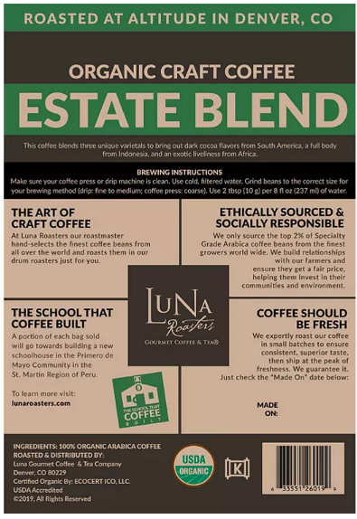 Luna Roasters Organic Estate Blend Craft Whole Bean Coffee, Dark Roast (30 oz.)